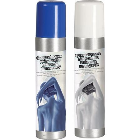 Guirca Haarspray/bodypaint spray - 2x kleuren - wit en blauw - 75 ml