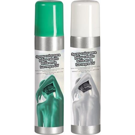 Guirca Haarspray/bodypaint spray - 2x kleuren - wit en groen - 75 ml