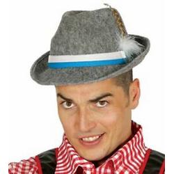 hoed Tiroler Bayerse Oktoberfesten grijs vilt met blauw en wit lint en klein pluimpje