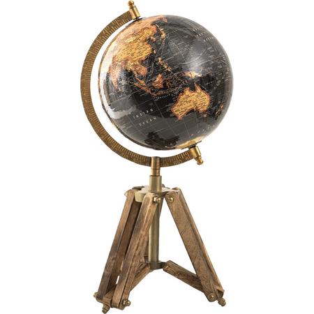 HAES DECO - Decoratieve Wereldbol met bruin houten standaard - formaat 18x26cm - kleuren Zwart / Geel / Bruin - Vintage Wereldbol, Globe, Aarbol