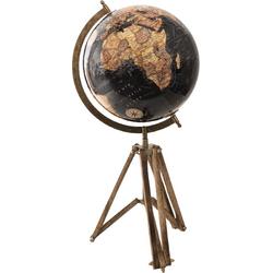 HAES DECO - Decoratieve Wereldbol met bruin houten standaard - formaat 28x55cm - kleuren Zwart / Geel / Bruin - Vintage Wereldbol, Globe, Aarbol
