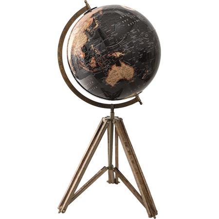 HAES DECO - Decoratieve Wereldbol met bruin houten standaard - formaat 31x67cm - kleuren Zwart / Geel / Bruin - Vintage Wereldbol, Globe, Aarbol