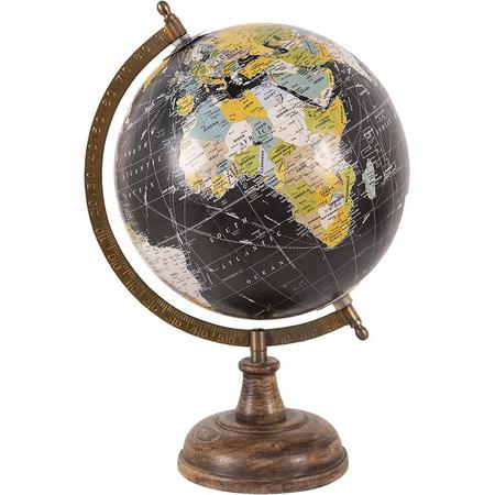 HAES DECO - Decoratieve Wereldbol met bruin houten voet - formaat 22x33cm - kleuren Zwart / Groen / Blauw - Vintage Wereldbol, Globe, Aarbol
