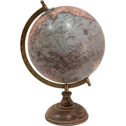 HAES DECO - Decoratieve Wereldbol met bruin houten voet - formaat 22x37cm - kleuren Blauw / Roze / Beige - Vintage Wereldbol, Globe, Aarbol