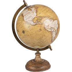 HAES DECO - Decoratieve Wereldbol met bruin houten voet - formaat 22x37cm - kleuren Bruin / Geel / Beige - Vintage Wereldbol, Globe, Aarbol