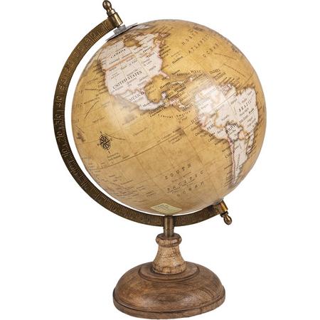 HAES DECO - Decoratieve Wereldbol met bruin houten voet - formaat 22x37cm - kleuren Bruin / Geel / Beige - Vintage Wereldbol, Globe, Aarbol
