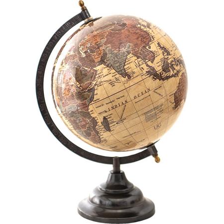 HAES DECO - Decoratieve Wereldbol met bruin metalen voet - formaat 22x33cm - kleuren Beige / Bruin / Oranje - Vintage Wereldbol, Globe, Aarbol