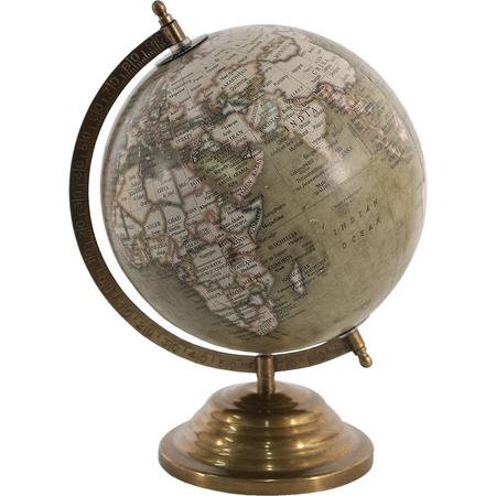 HAES DECO - Decoratieve Wereldbol met metalen koperkleurige voet - formaat 22x30cm - kleuren Groen / Bruin / Beige - Vintage Wereldbol, Globe, Aarbol
