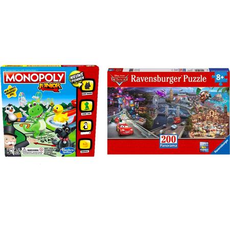 Kinderspelvoordeelset Monopoly Junior - Bordspel & Ravensburger puzzel Disney Cars (panorama) - panorama - Legpuzzel - 200 stukjes