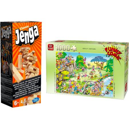 Spel/Puzzelvoordeelset King Funny Comic Puzzel - Golf Safari - 1000 Stukjes Legpuzzel (68 x 49 cm) & Jenga Classic - Gezelschapsspel