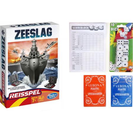 Vakantie Reis spelletjes pakket. Spel Zeeslag reis editie – Yatzee score kaarten – 10 dobbelstenen – 2 pakken speelkaarten.