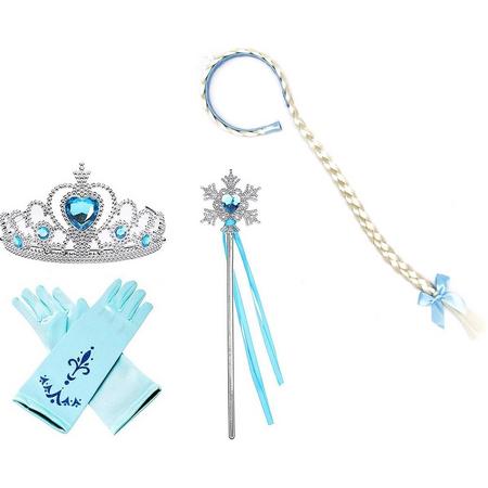 Frozen Elsa - Prinsessen blauw 4-delig accessoireset - Haarband - Blauwe Handschoenen - Tiara - Toverstaf - Kroon - Verkleedkleding - Accessoires