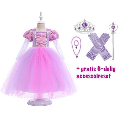 Verkleedkleding - Rapunzel jurk maat 104/110 (110) - gratis kroon, toverstaf, handschoenen, juwelen - prinses - roze/paars kleed - verkleedkleding kind