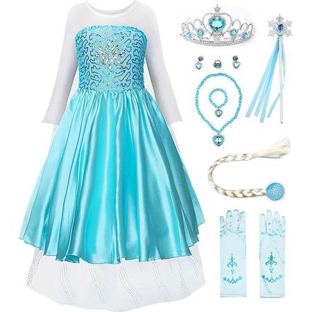 Verkleedkleding kind - Elsa jurk maat 110 (120) - Frozen blauwe prinsessenjurk - Elsa kleed - handschoenen, toverstaf, kroon,  haarvlecht, juwelen - verkleedkleding