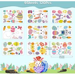 Hianjoo 130 stuks zelfklevende paasdecoraties, 9 bladeren, konijn, kip, vlinder, wortel, bloem, paaseieren, glazen stickers voor de paasdag