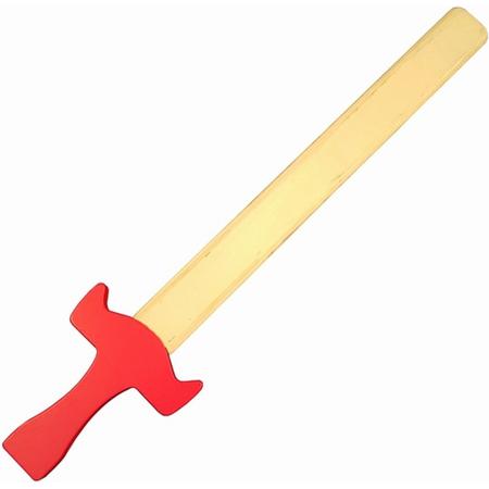 Houten speelgoed zwaard met rood handvat en stompe punt