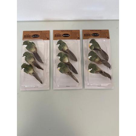 Decoratieve vogels op knijper (met veren) - set van 3 keer 3 stuks (groen/geel/wit)