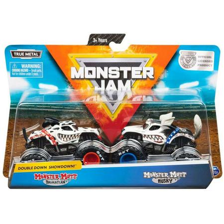 Hot wheels Monster Jam truck schaal 1:64 - double down 2-pack Monster Mutt Dalmatian &  Monster Mutt Husky - 9 cm