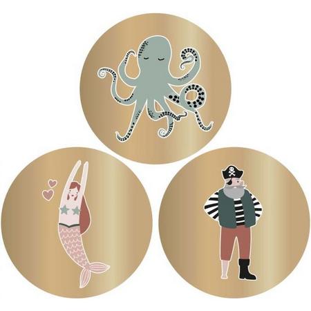Luxe Cadeausticker Piraat Zeemeermin Octopus Goud 24 stuks - Sluitstickers - Traktatiesticker - Wensetiket - 5,5 cm - Ocean - Sticker voor traktatie - House Of Products