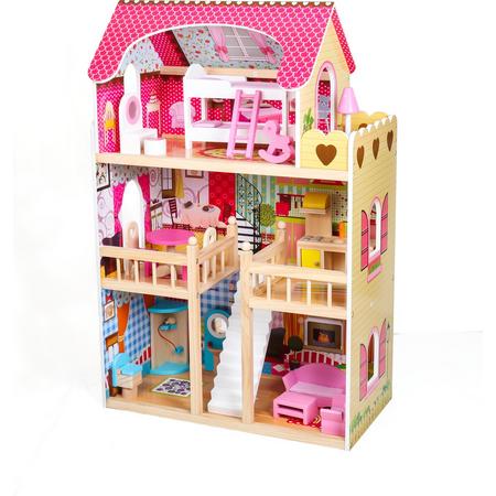 Cuty Hout Poppenhuis Met gratis Poppen Familie,droomhuis,Kinderren speelgoedhuis,poppenhuizen,Popenhuis Met Meubels,60*33*90 cm