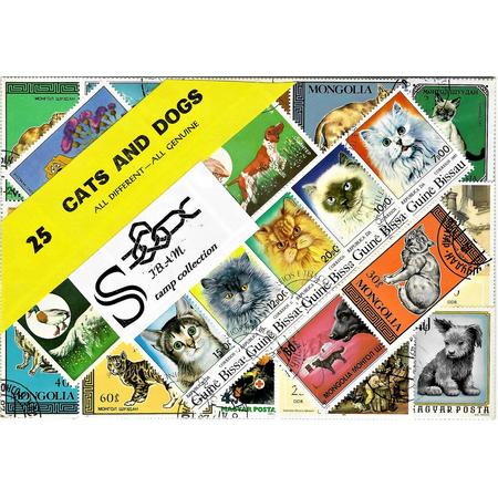 Postzegelpakket - 25 verschillende postzegels Honden en Katten