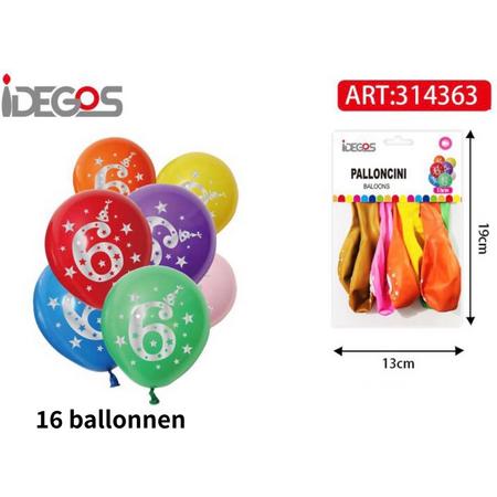 IDEGOS Ballonnen set - 16 stuks - Ballonnen - Ronde Ballonnen - Feestversiering decoratie - Kinderfeestje - Verjaardag - Cijfer 6