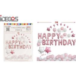 IDEGOS Ballonnen set - 60 stuks - Happy Birthday ballonnen - Licht Roze - Folieballon - Sterren ballonnen - Ronde Ballonnen - Feestversiering decoratie - Kinderfeestje - Verjaardag - Tekst