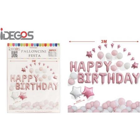 IDEGOS Ballonnen set - 60 stuks - Happy Birthday ballonnen - Licht Roze - Folieballon - Sterren ballonnen - Ronde Ballonnen - Feestversiering decoratie - Kinderfeestje - Verjaardag - Tekst