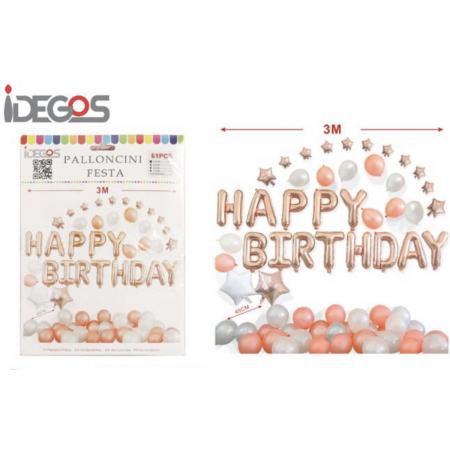 IDEGOS Ballonnen set - 61 stuks - Happy Birthday ballonnen - Rosé Goud - Folieballon - Sterren ballonnen - Ronde Ballonnen - Feestversiering decoratie - Kinderfeestje - Verjaardag - Tekst