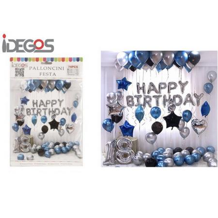 IDEGOS Ballonnen set - 74 stuks - Happy Birthday ballonnen - Blauw/Zilver - Folieballon - Sterren ballonnen - Ronde Ballonnen - Hartjes Ballon - Feestversiering decoratie - Kinderfeestje - Verjaardag - Tekst