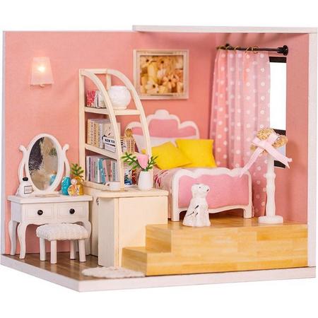 DIY Roze slaapkamer poppenhuis met LED - Dollhouse - Miniatuur hobby bouwpakket