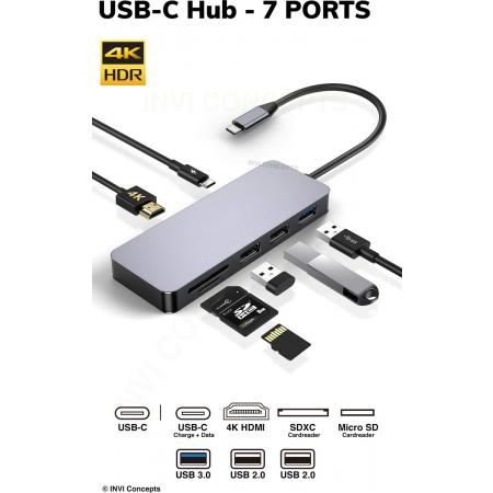 USB-C Hub - 7 in 1 - Macbook & more // 4K HDMI, USB-C, 2* USB 2.0, 1* USB 3.0, SD/Micro SD card reader ✓ Power delivery USB-C ✓ Multi Adapter