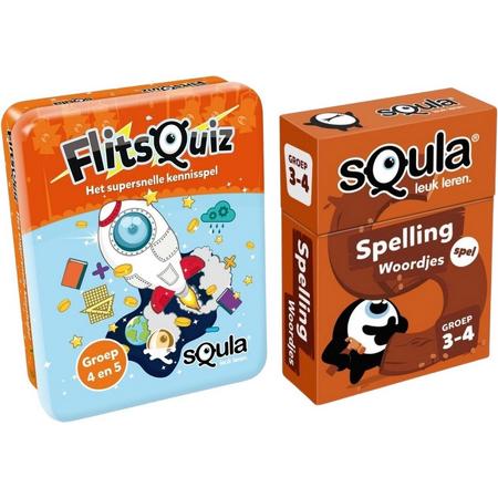 Educatieve spellenbundel - Squla Kaartspel - 2 stuks - Flitsquiz Groep 4 5 & Spelling (Groep 3&4)