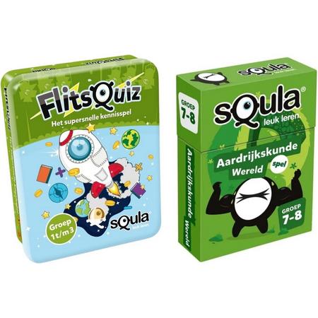 Educatieve spellenbundel -Squla-2 stuks- Flitsquiz Groep 1 2 3& Aardrijkskunde Kaartspel (Groep 7&8)