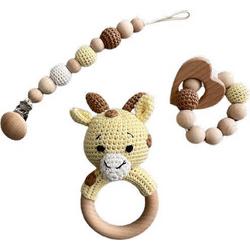 IL BAMBINI set: Rammelaar, Bijtring & Speenkoord - Gele giraffe - Handgemaakt - Hout & Wol - Babycadeau - Kraamcadeau - Baby bijtspeelgoed 0-2 jaar