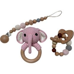 Il Bambini houten setje: rammelaar, bijtring & speenkoord - roze olifant - handgemaakt - beukenhout & wol