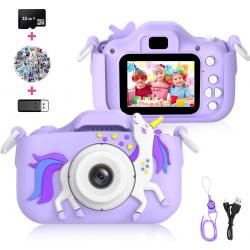Ilona® Digitale Kindercamera HD 1080p inclusief stickervel - 32GB micro sd kaart - Fototoestel Voor Kinderen - Unicorn Paars