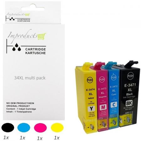 Improducts® Huismerk Inktcartridge Alternatief Epson 34 XL inktcartridge set 4 pack (1x T3471 XL zwart, 1x T3472 XL cyaan, 1x T3473 XL magenta, 1x T3474 XL geel) = 1x multipack
