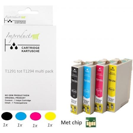 Improducts® Huismerk Inktcartridge Alternatief Epson T1295  inktcartridges, 4 pack (1x zwart T1291, 1x cyaan T1292, 1x magenta T1293, 1x geel T1294) = 1x Multipack