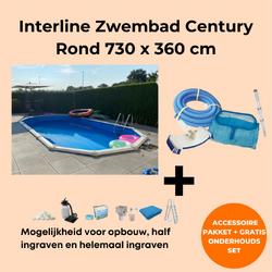 Interline zwembad Century 7,30m x 3,60m ovaal - Metaalwand zwembad - Op- en inbouw - Inclusief filterset (6m3/u)- Inclusief zwembadtrap - Gratis onderhoudsset
