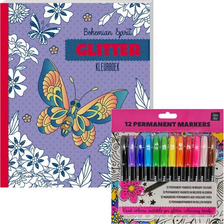Glitter kleurboek Voor Volwassenen - Bohemian Spirit - Inclusief 12 Kleurstiften In Heldere Kleuren
