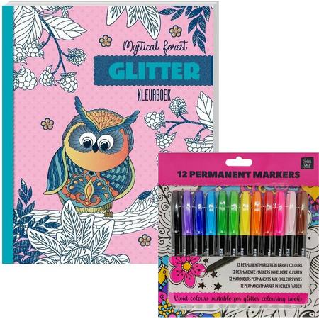 Glitter kleurboek Voor Volwassenen - Mystical Forest - Inclusief 12 Kleurstiften In Heldere Kleuren