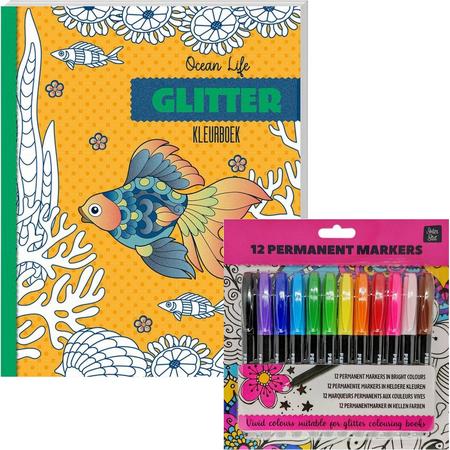 Glitter kleurboek Voor Volwassenen - Ocean Life - Inclusief 12 Kleurstiften In Heldere Kleuren