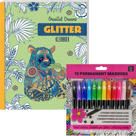 Glitter kleurboek Voor Volwassenen - Oriental Dreams - Inclusief 12 Kleurstiften In Heldere Kleuren