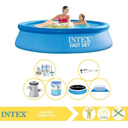 Intex Easy Set Zwembad - Opblaaszwembad - 244x61 cm - Inclusief Solarzeil Pro, Onderhoudspakket, Filter, Grondzeil en Stofzuiger