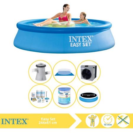 Intex Easy Set Zwembad - Opblaaszwembad - 244x61 cm - Inclusief Solarzeil Pro, Onderhoudspakket, Filter, Grondzeil en Warmtepomp CP