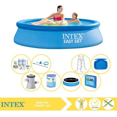 Intex Easy Set Zwembad - Opblaaszwembad - 244x61 cm - Inclusief Solarzeil Pro, Onderhoudspakket, Filter, Onderhoudsset, Trap, Voetenbad en Zwembadtegels