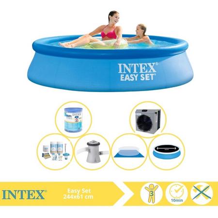 Intex Easy Set Zwembad - Opblaaszwembad - 244x61 cm - Inclusief Solarzeil Pro, Onderhoudspakket, Zwembadpomp, Filter, Grondzeil en Warmtepomp CP