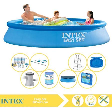 Intex Easy Set Zwembad - Opblaaszwembad - 305x61 cm - Inclusief Afdekzeil, Onderhoudspakket, Filter, Onderhoudsset, Trap, Voetenbad en Zwembadtegels