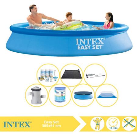 Intex Easy Set Zwembad - Opblaaszwembad - 305x61 cm - Inclusief Afdekzeil, Onderhoudspakket, Zwembadpomp, Filter, Grondzeil, Stofzuiger en Solar Mat